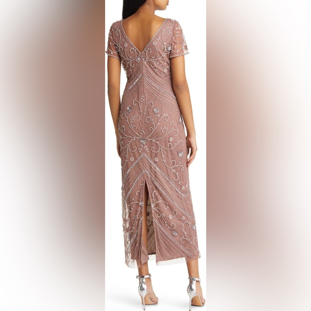 Prom Formal V-Neck Short Sleeve Blush beaded dress with zipper on the back